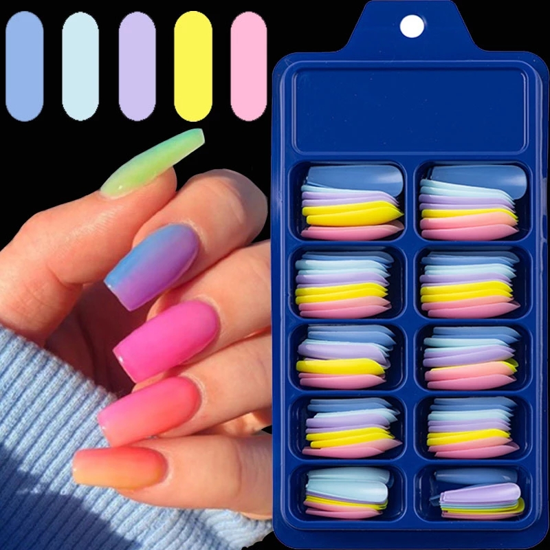 100Pcs Solid Color False Nail Reusable Stickers Long Full Cover for Womens Candy Color False Nails 