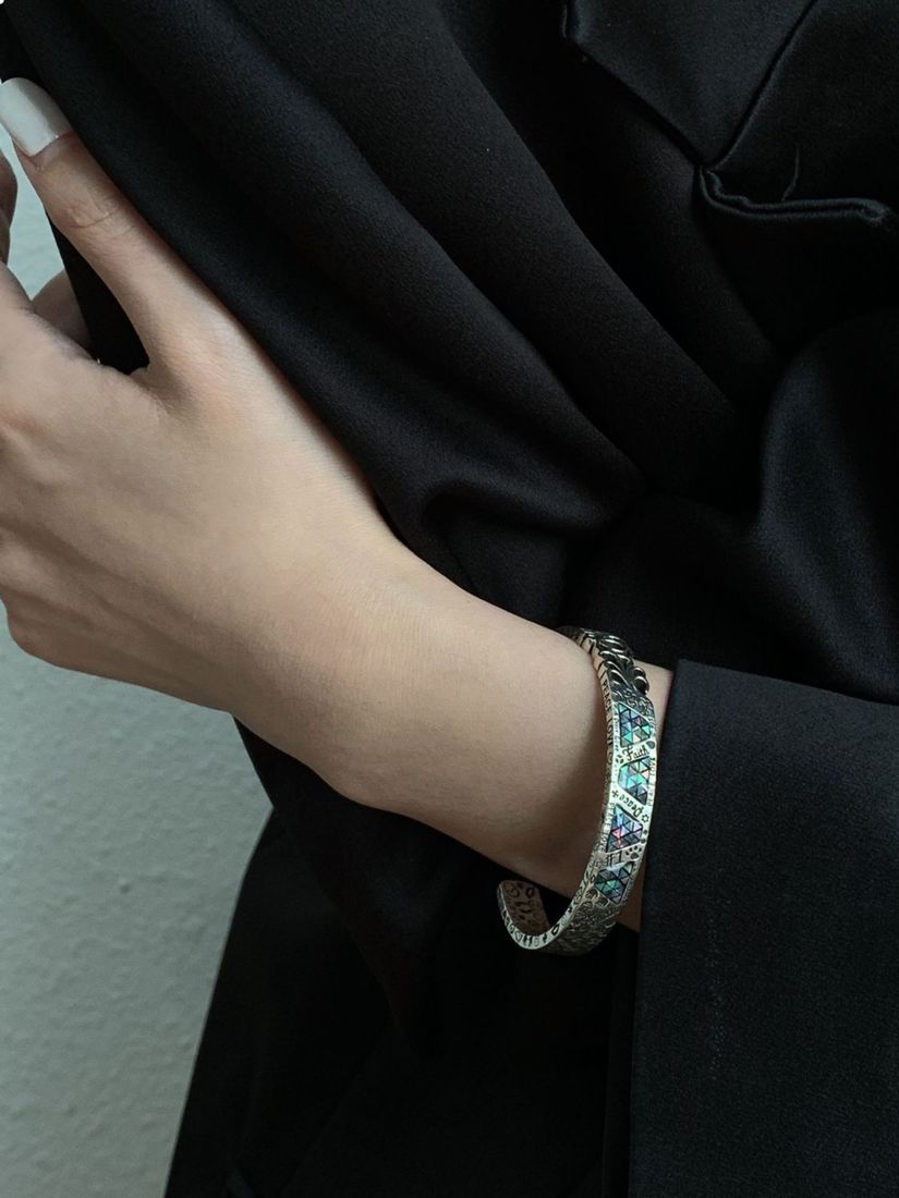 Magnetic Gaming Headset Abalone Bracelet Open Cuff - Iridescent Paua Shell Silver Bangle