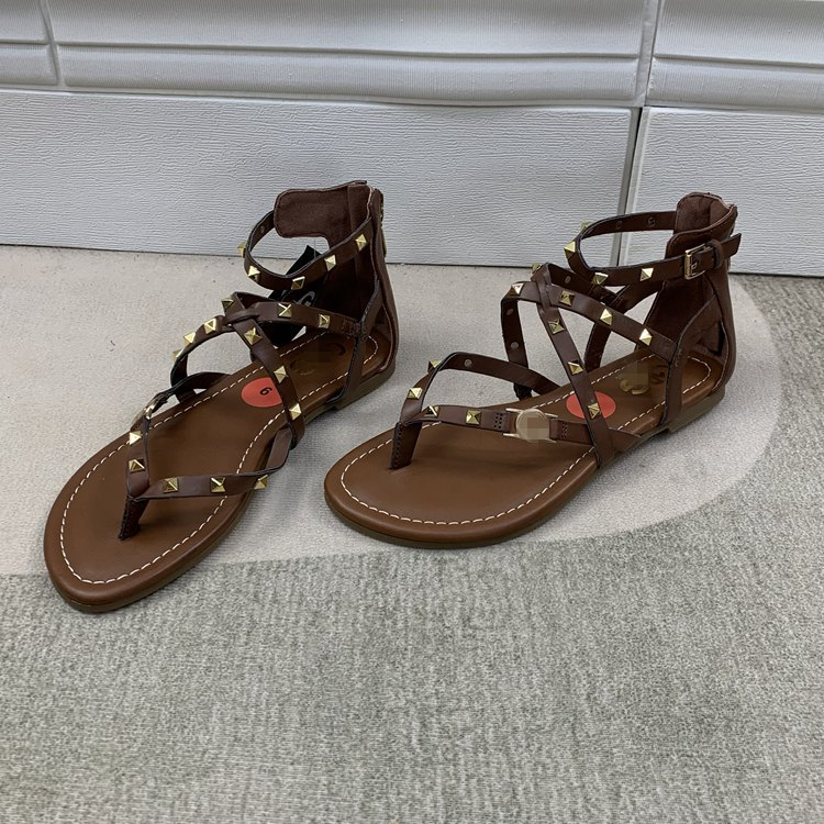 Women's and Girls Roma Sandals Square Studs Cross with Flat Zipper Sandals Flip-Flops Beach Shoes
