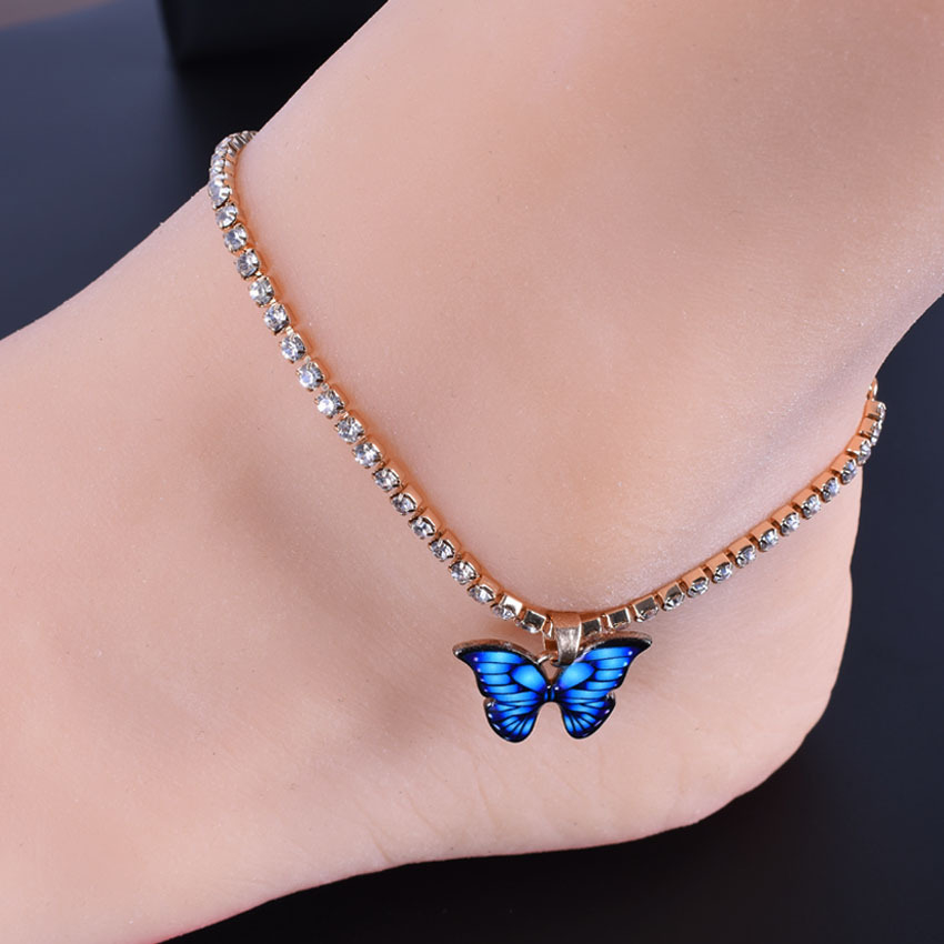 D89-3 Rhinestone Butterfly Pendant Anklet Bracelet Women Popular Butterfly Element New Color Butterfly Anklet