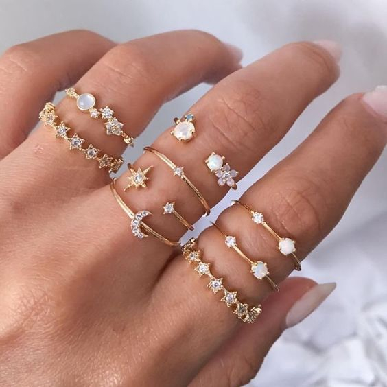 5763 Vintage Gold Crystal Rings Bohemian Moon Star Ring For Women Midi Finger Ring Set Wedding Fashion Jewelry Gifts