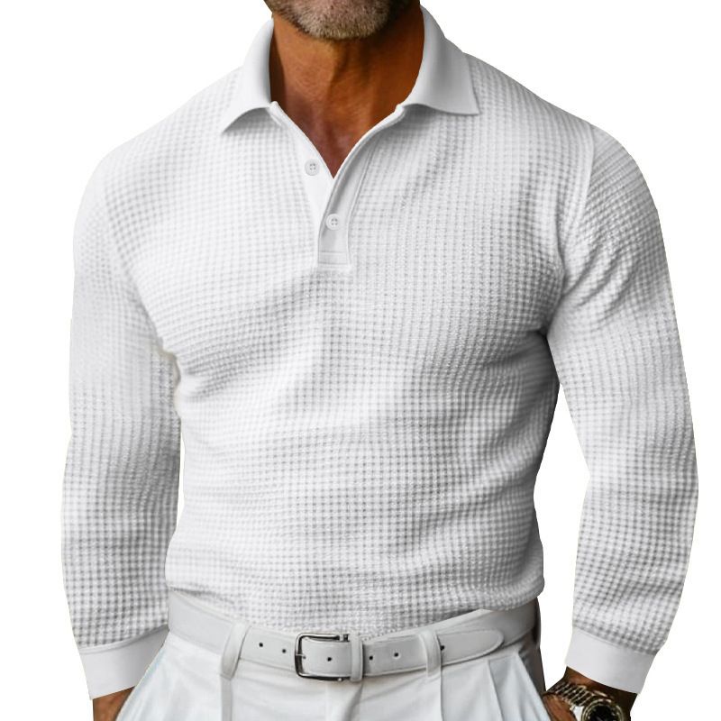 Men's Clothing Tops T-Shirts Men's Waffle Collar Button up Long Sleeved Polo Shirt for Vacation Casual Wear