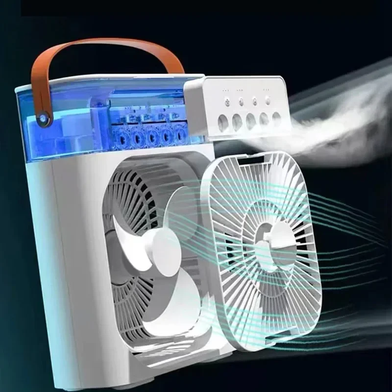 USB Electric Fan Air Conditioner, Portable Cooling Fan with LED Night Light, 3-in-1 Air Humidifier, Water Mist Fun for Home

