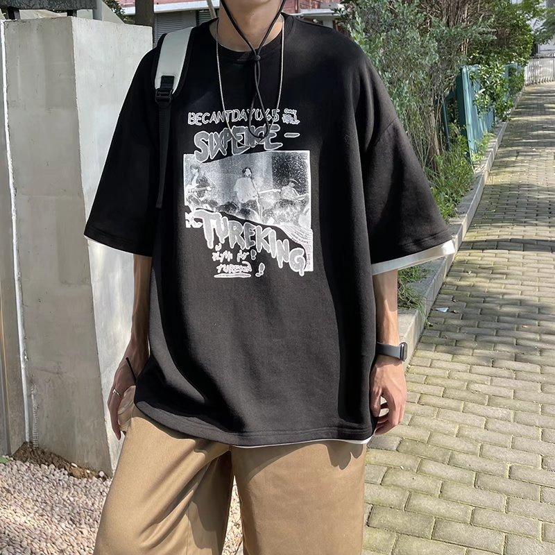 QB Men's Fashion Letter Pattern Half Sleeve T-Shirt Casual Loose Sport Short Sleeve