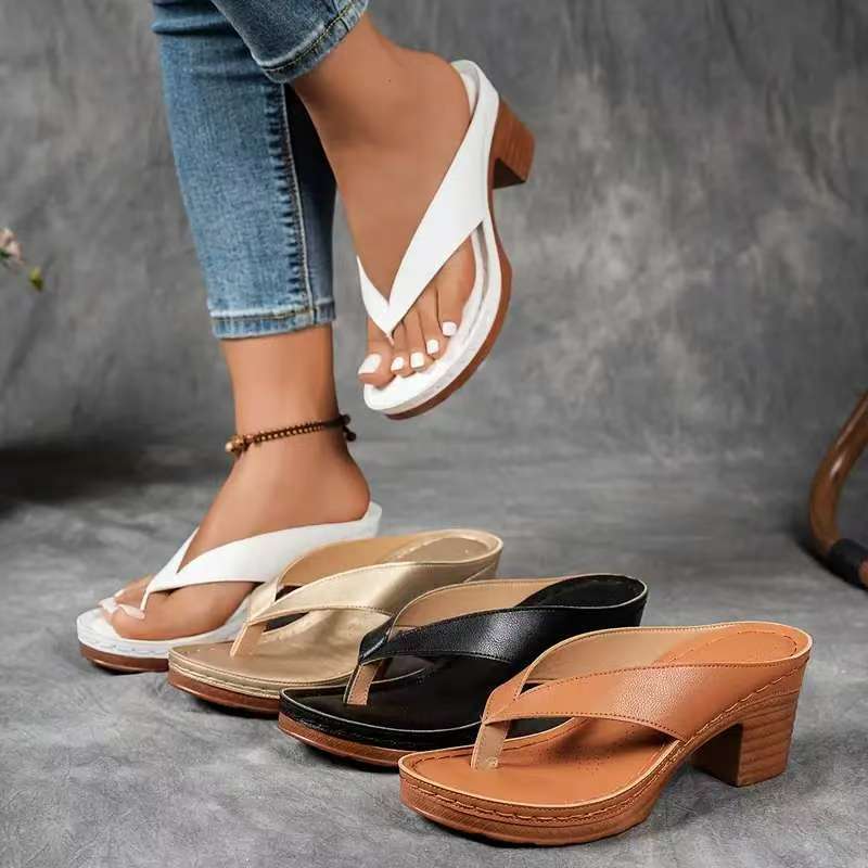 Women's Metallic Thong Platform Block Heel Sandals, Open-Toe Slip-On Wedge Flip Flops, Summer Chunky Heel Comfortable Slippers, 4 Colors Available, EU Size 36-41