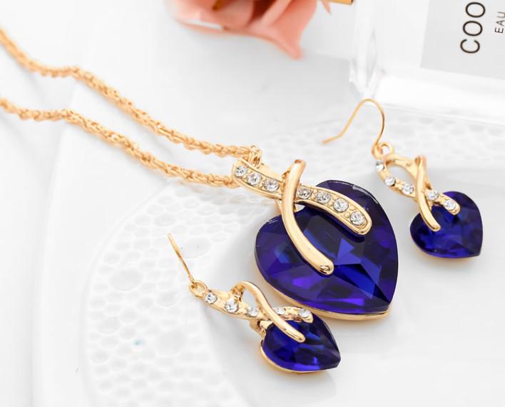 Huadeer Vintage Female Rainbow Crystal Jewelry Set Charm Gold Color Dangle Earrings For Women Simple Love Heart Wedding Chain Necklace