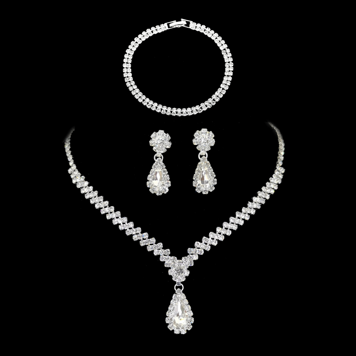 Necklace earring bracelet three-piece set silvery female jewelry CRRshop free shipping hot sale bridal wedding jewelry water diamond three-piece set best female sell Literary and artistic diamond drop earrings bracelet earrings necklace set fashion 