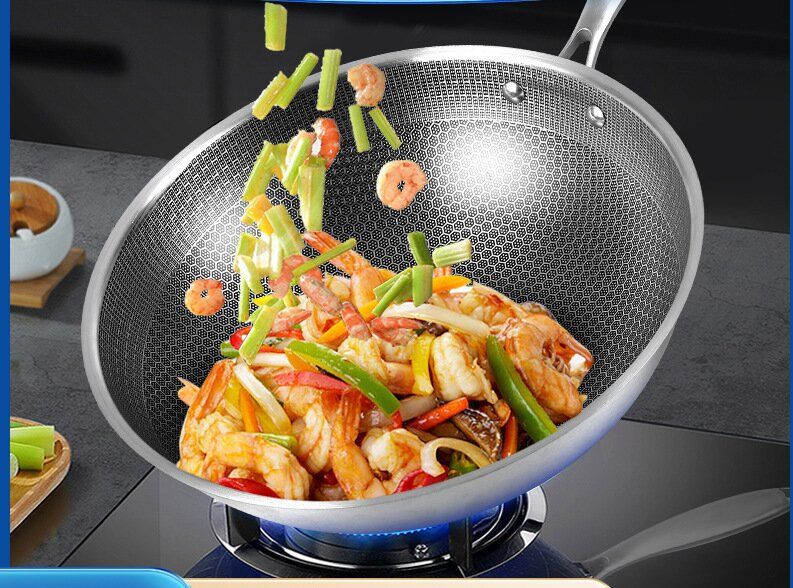 316 Stainless Steel Wok Pan,Hybrid 12 inch Wok, PFOA Free Cookware,non stick Stainless Steel Woks & Stir-fry pans Nonstick, Dishwasher and Oven Safe, Works on Induction (32CM)