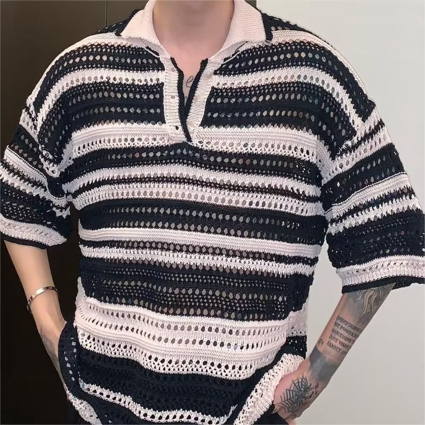 Men's Summer Retro Striped Loose T-Shirt Knitted Lapel Top