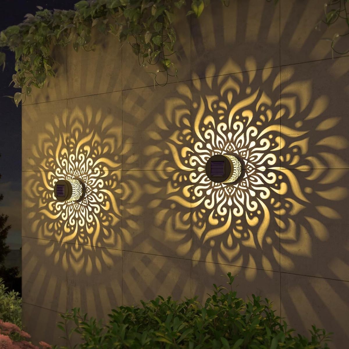 Solar Powered Outdoor Wall Lamp Waterproof Focus Light Mandala Pattern Motion Sensor Courtyard Lamp Retro Iron Art Wall Hanging Lantern Light For Villa Garden Yard Decor