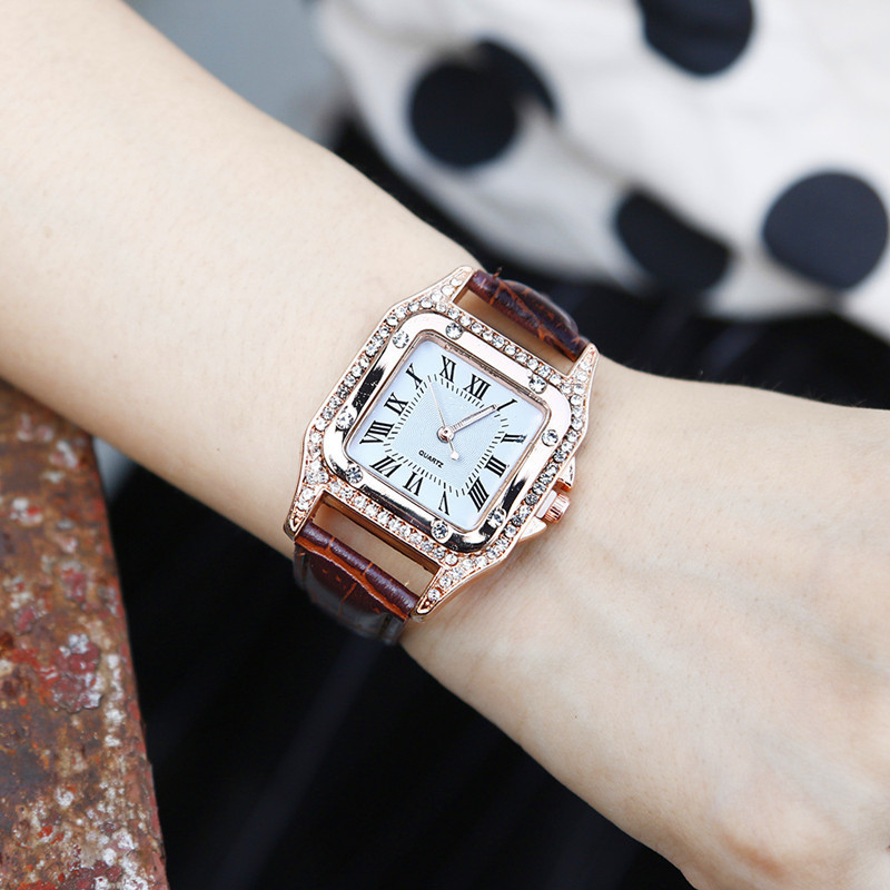 women's square diamond watch set leather waterproof strap quartz watch and jewelry bracelet girls set