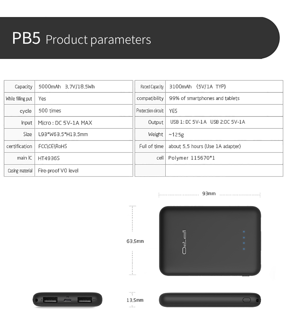 IPRO FB5 Portable Powerbank Mobile Phone Charger Ultra Compact Charger Power Bank 5000mAh External Battery Pack Dual Output Port with LED