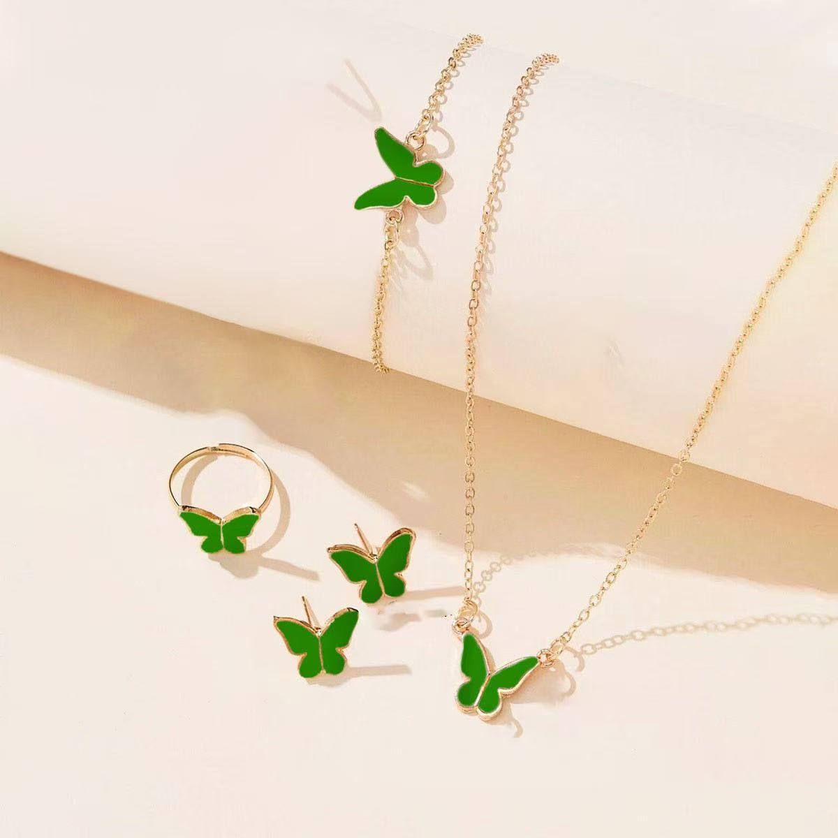 6pcs Luxury Watch Women Ring Necklace Earrings Bracelet Set Watches Butterfly Leather Strap Ladies Quartz WristWatch No Box5Pcs Green Jewelry Set  