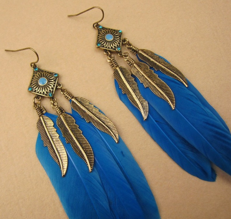 00229-4 Bohemia Long Alloy Feather Tassel Earrings