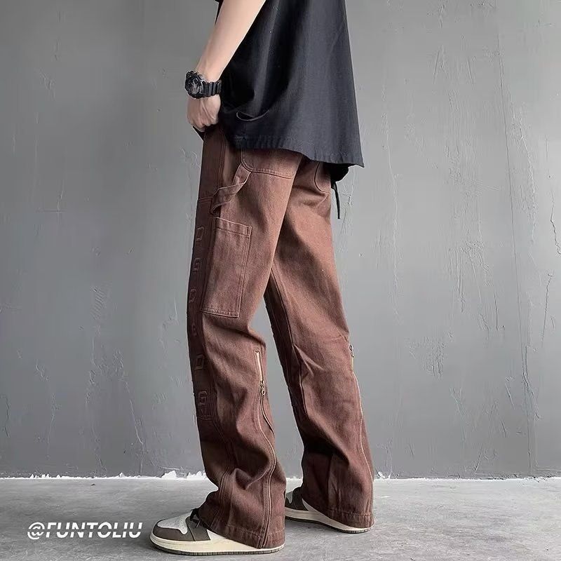 WK K537 Men's Autumn Brown Casual Pants Letter Embroidered Straight Leg Jeans