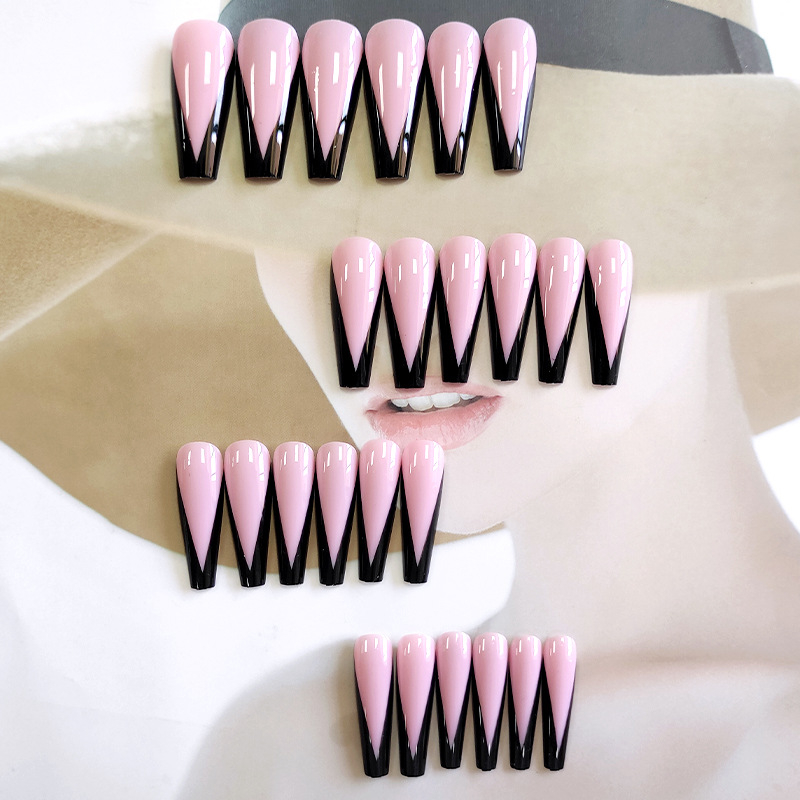 24Pcs/Set Pink Black Design False Nail French Stiletto Full Cover Fake Nails Glue DIY Manicure Nail Art Tools