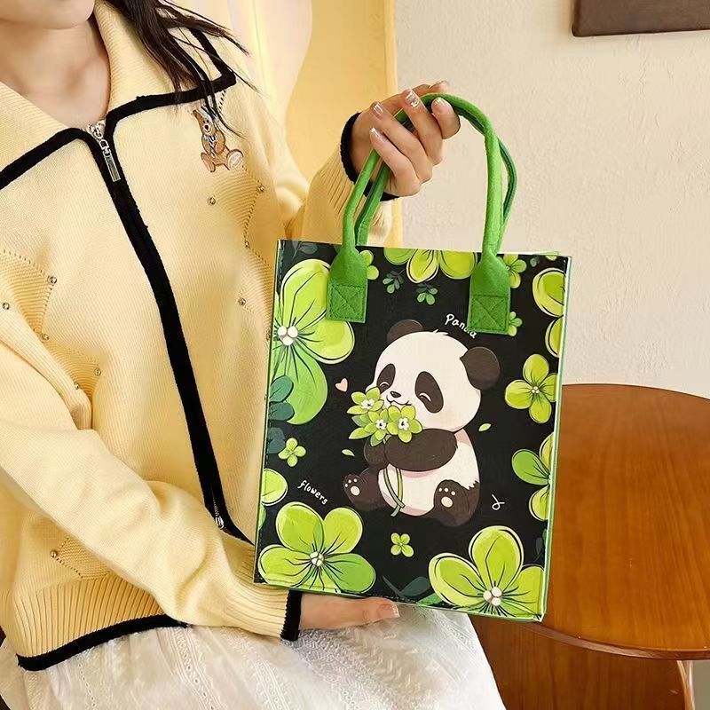 Panda Print Felt Gift Bag - Eco-Friendly Reusable Shopping Bag with Handle, Tissue Paper & Card, Medium Multi-Use Lightweight Grocery Bag for Commute, Students.Size: 30*25*10CM (Yellow or Green）