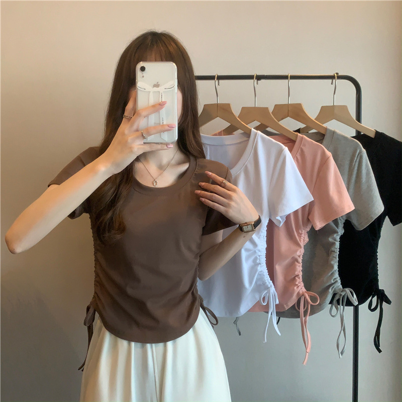 420 Women's Loose Crewneck Drawstring Slim Short Sleeve T-shirt