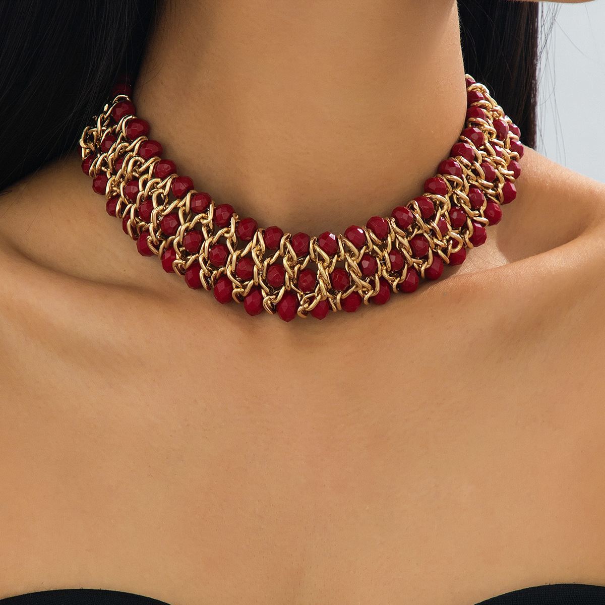 Black/Red Faceted Crystal Choker Necklace, Multi-Layered Beaded Design, Adjustable 35.5+7cm, Statement Jewelry for Women
