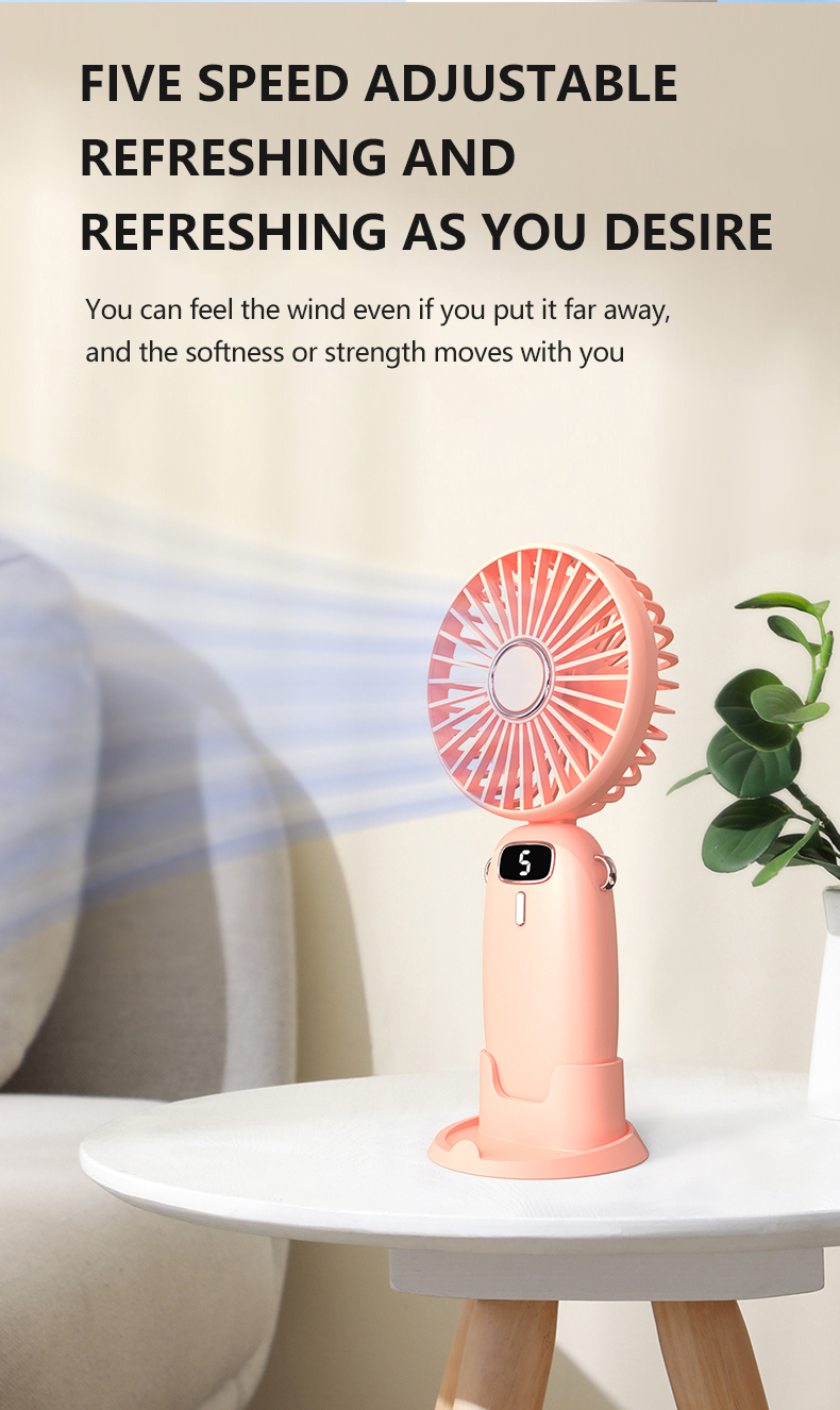 T14 Portable Handheld Fan, USB Rechargeable Foldable Fan, Personal 5 Speed Powerful Small Desk, 90 Foldable Fan with Base, 3 in 1 Hand Travel Fan with Digital Display for Commute, Office, Pink