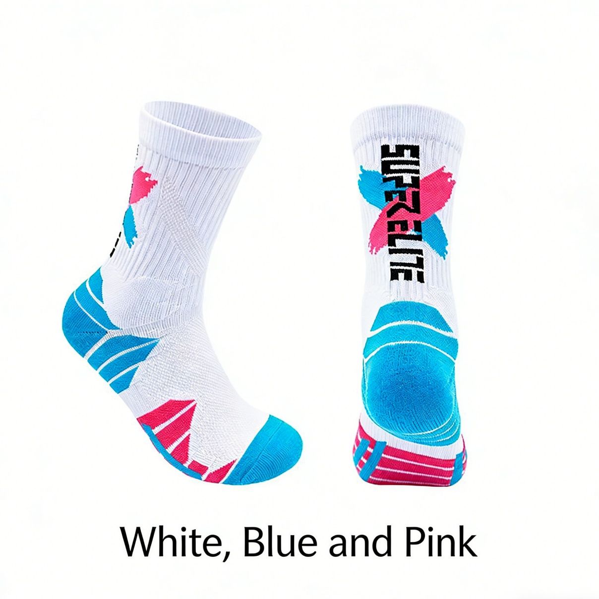 Men's High-Calf Marathon Running Socks, Professional Basketball Socks with Thickened Terry Sole, Cushioned Shock Absorption Athletic Socks for Running, Basketball, Training
White-Blue-Pink