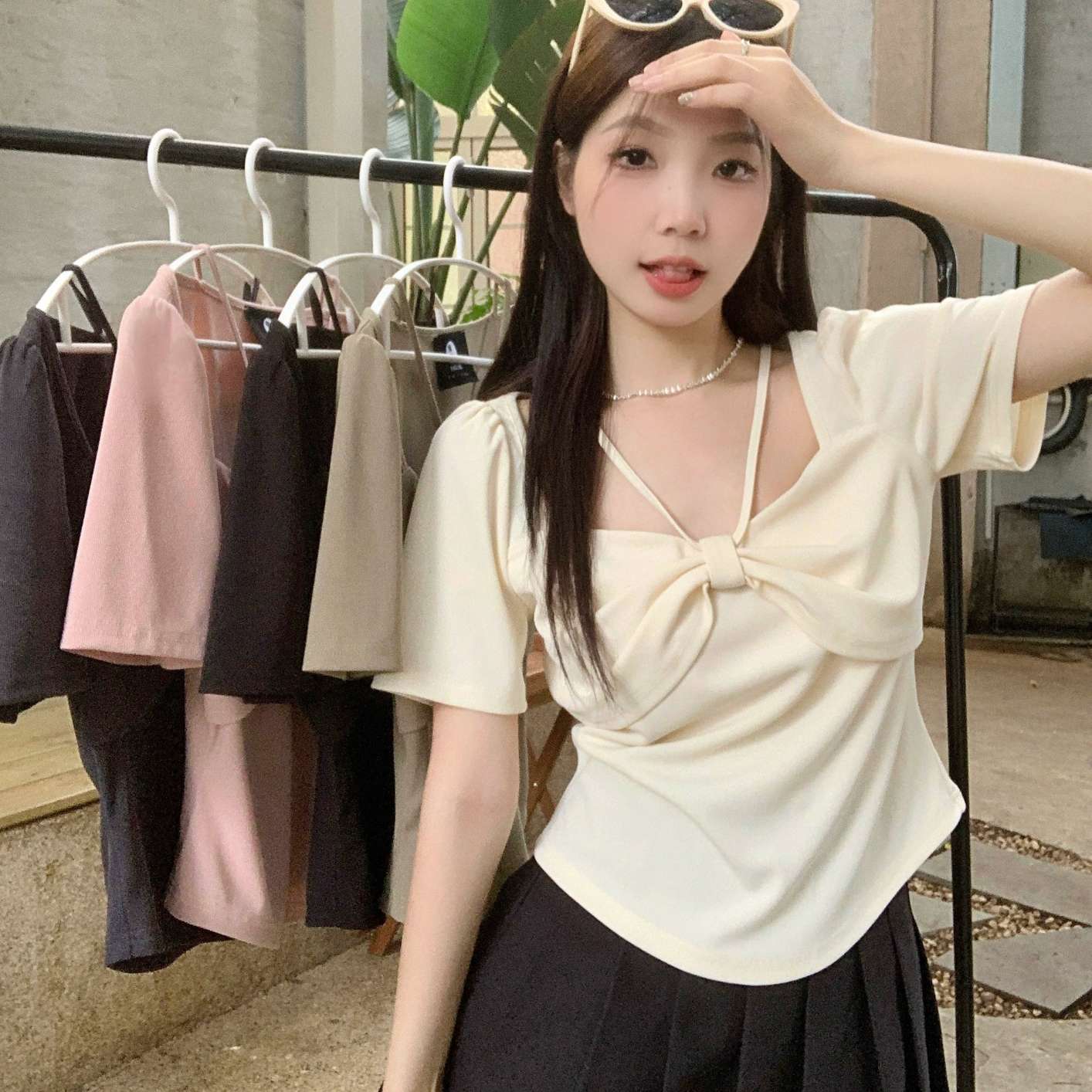 MR-714 Women Square Collar Bow Solid Color Short T-Shirts Sleeve Crop Tops