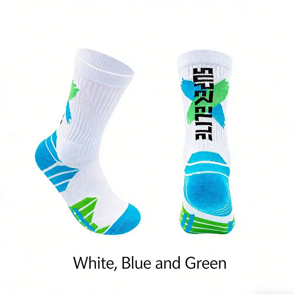 Men's High-Calf Marathon Running Socks, Professional Basketball Socks with Thickened Terry Sole, Cushioned Shock Absorption Athletic Socks for Running, Basketball, Training
White-Blue-Green