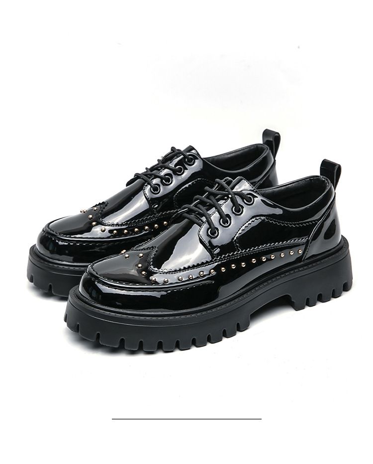 Cross-border large-sized 2025 formal casual shoes with rivets, personalized barber leather shoes, thick-soled height-increasing, black and white fashionable men's shoes