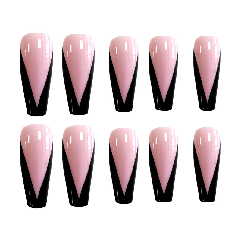 24Pcs/Set Pink Black Design False Nail French Stiletto Full Cover Fake Nails Glue DIY Manicure Nail Art Tools