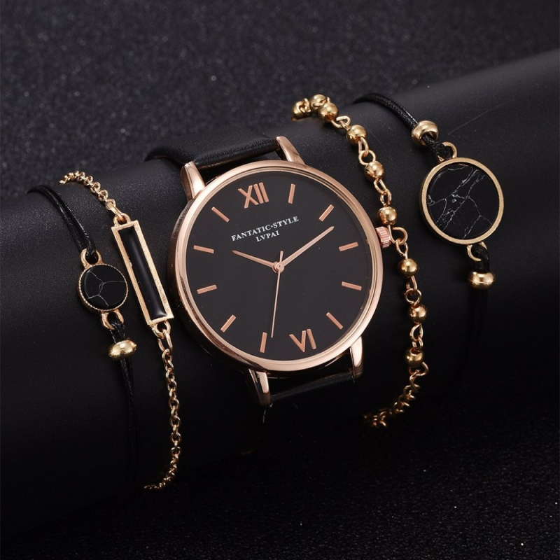 5pcs Set Top Style Fashion Women's Luxury Leather Band Analog Quartz WristWatch Ladies Watch Women Dress Reloj Mujer Black Clock