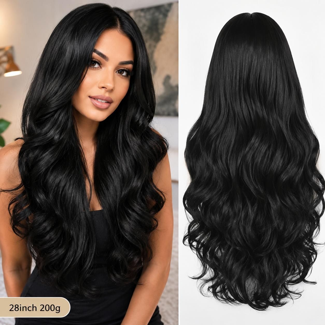 28 Inch Long Deep Wave Wig, Natural Black Synthetic Full Head Wig, Middle Part Soft Deep Curly Hair Wig with Lightweight Breathable Buckle Net, Heat Resistant Fashion Hairpiece for Daily Wear Party Cosplay Makeup