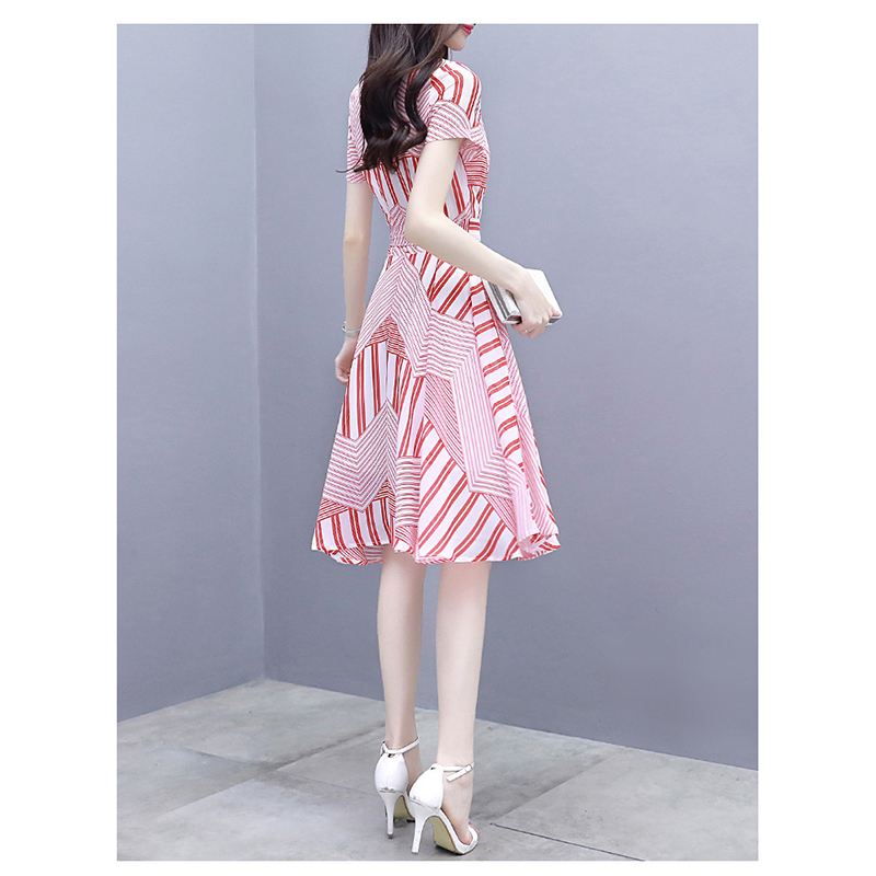 AL-645 women's print dress fashion V-neck floral chiffon dress Slim fit girl short sleeve skirt