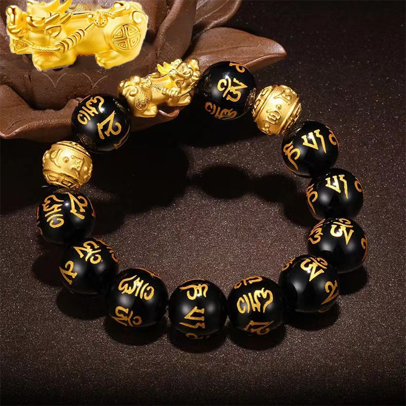 Feng Shui Bracelet The Best 12mm Black Hand Carved Mantra Bead Bracelet with Golden Pi Xiu/Pi Yao Lucky Wealthy Amulet Brecelet Model 1