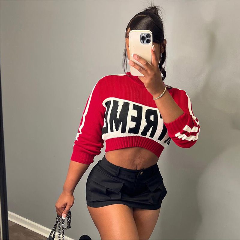 W23L36008 New Fashion Trend Knitted Letter Jacquard Long Sleeve Sexy Crop Top Pullover Slim Fit Women's Sweater