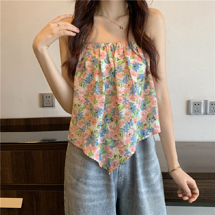 women's floral print vest backless T-shirt cute girl top