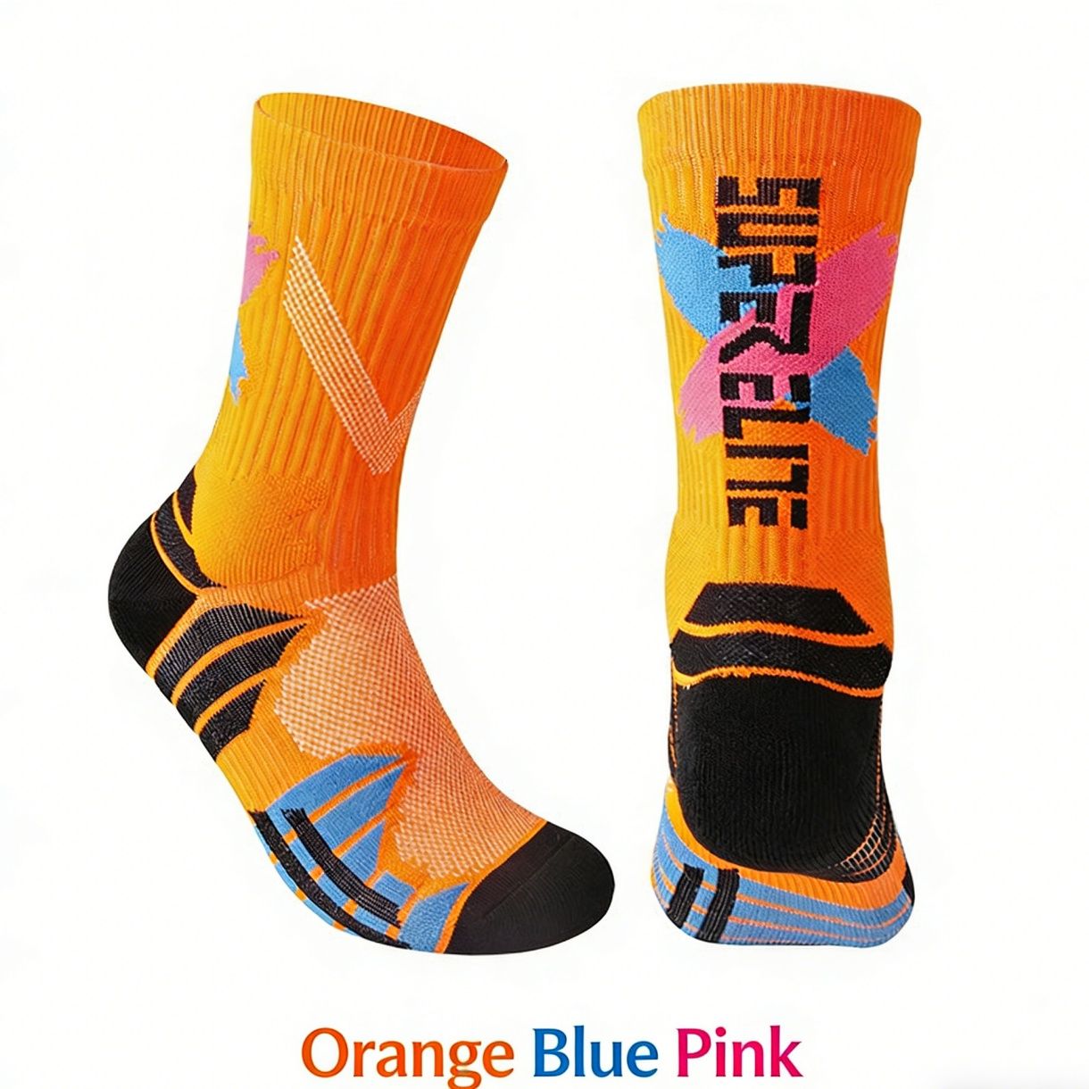 Men's High-Calf Marathon Running Socks, Professional Basketball Socks with Thickened Terry Sole, Cushioned Shock Absorption Athletic Socks for Running, Basketball, Training
Orange-Blue-Pink