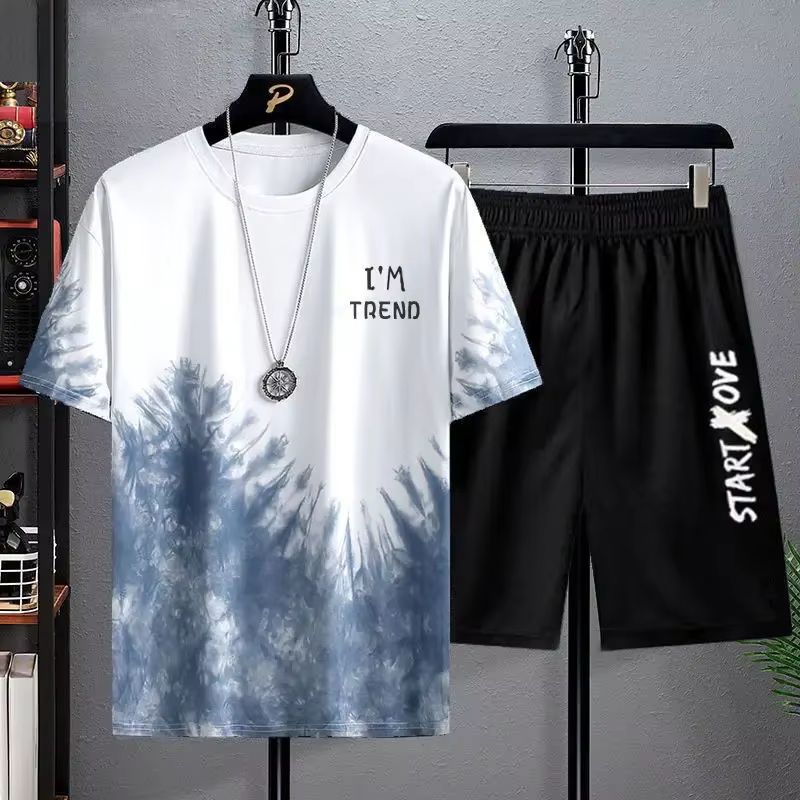 Summer New Men's Sports T-shirt+Shorts Two Piece Casual Set Men's Thin Fashion Trend Short Sleeve T-shirt Printed T-shirt