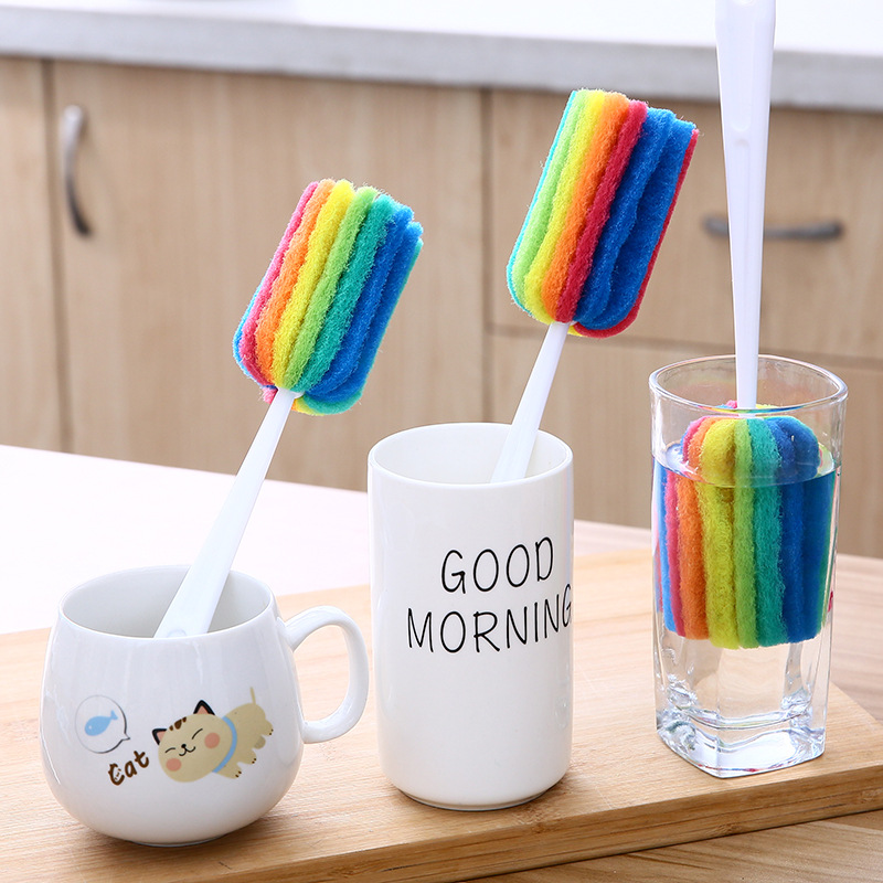 CHBS Color Block Sponge Cleaning Brush Long Plastic Handle Feeding Bottle Baby Bottle Cleaner Cup Cleaning Brush