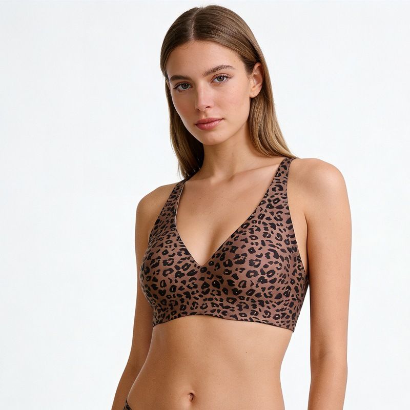 European American Plus Size Women Leopard Print Bra Deep V Neck Soft Support Seamless Comfortable Large Cup Underwear Hot Style