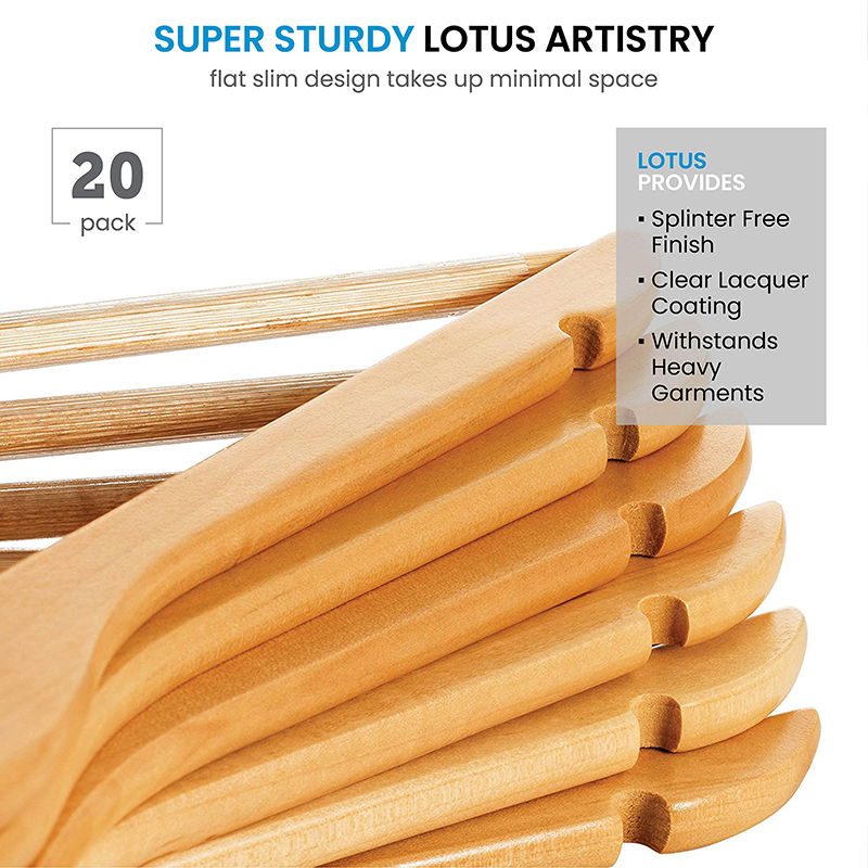 High-Grade Wooden Suit Hangers - Smooth Finish Solid Wood Coat Hanger with Non Slip Pants Bar, 360 Swivel Hook and Precisely Cut Notches for Camisole, Jacket, Pant, Dress Clothes Hanger