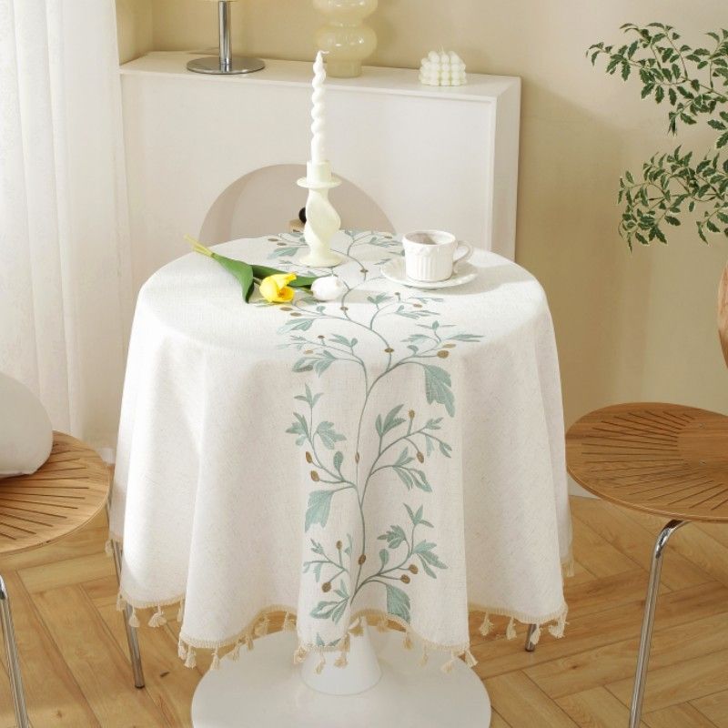 LX Embroidered Circular Tablecloth Imitation Cotton Linen Tassel Tablecloth