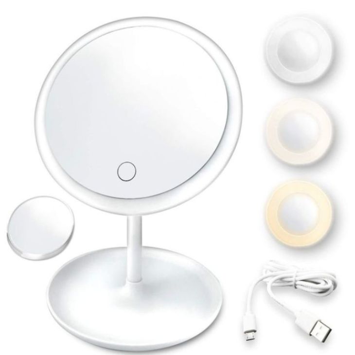 LED Makeup Mirror With Light Lamp With Storage Desktop Rotating Cosmetic Mirror Light Adjustable Dimming USB Vanity Mirror