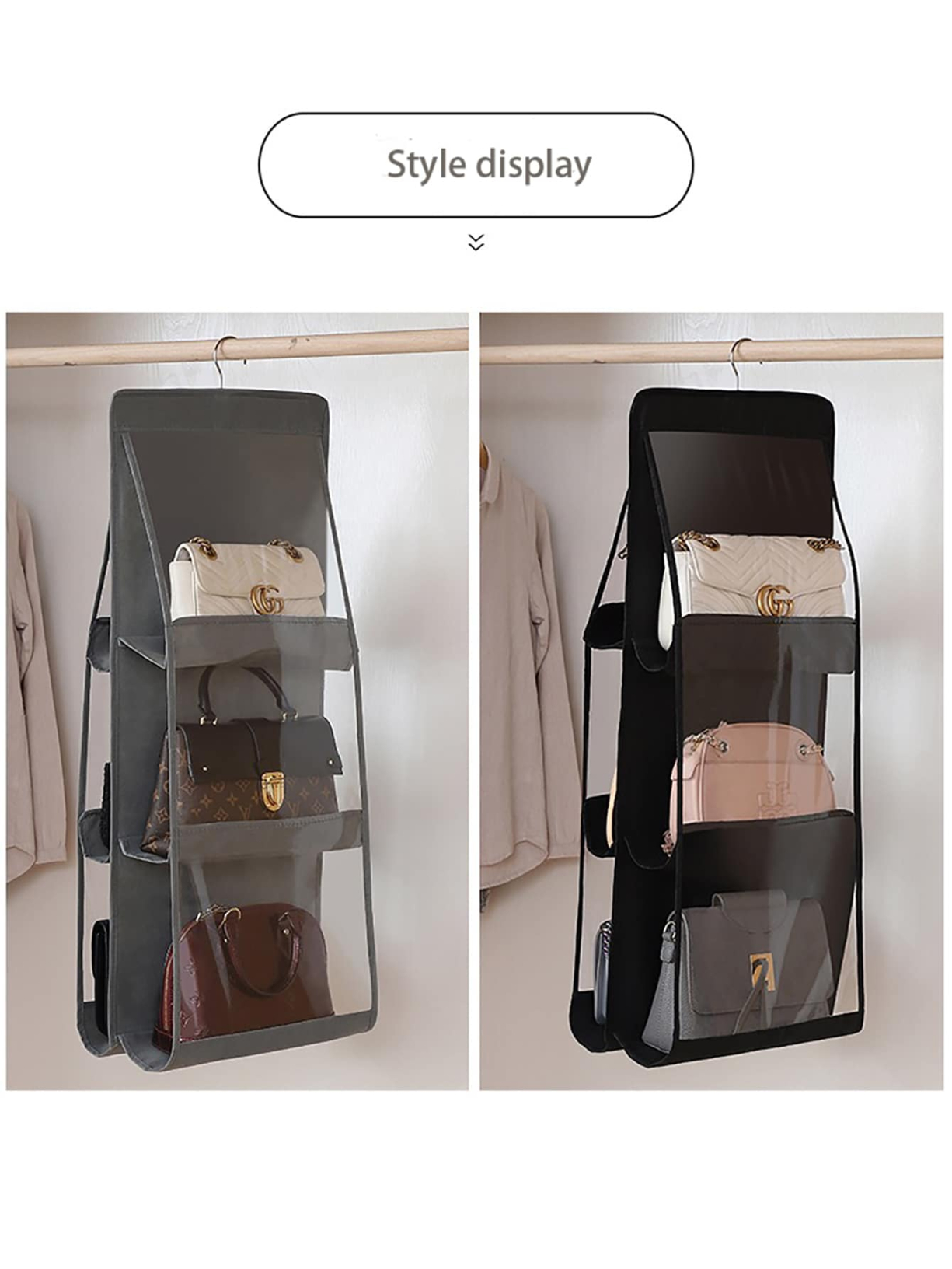 Hanging Handbag Organizer Dust-Proof Storage Holder Bag Wardrobe Closet for Purse Clutch with 6 Larger Pockets Grey