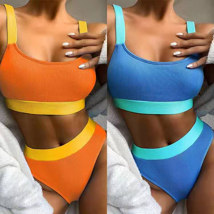 2021 new bikini sexy fashion solid color stitching small pit strip high waist ladies swimsuit