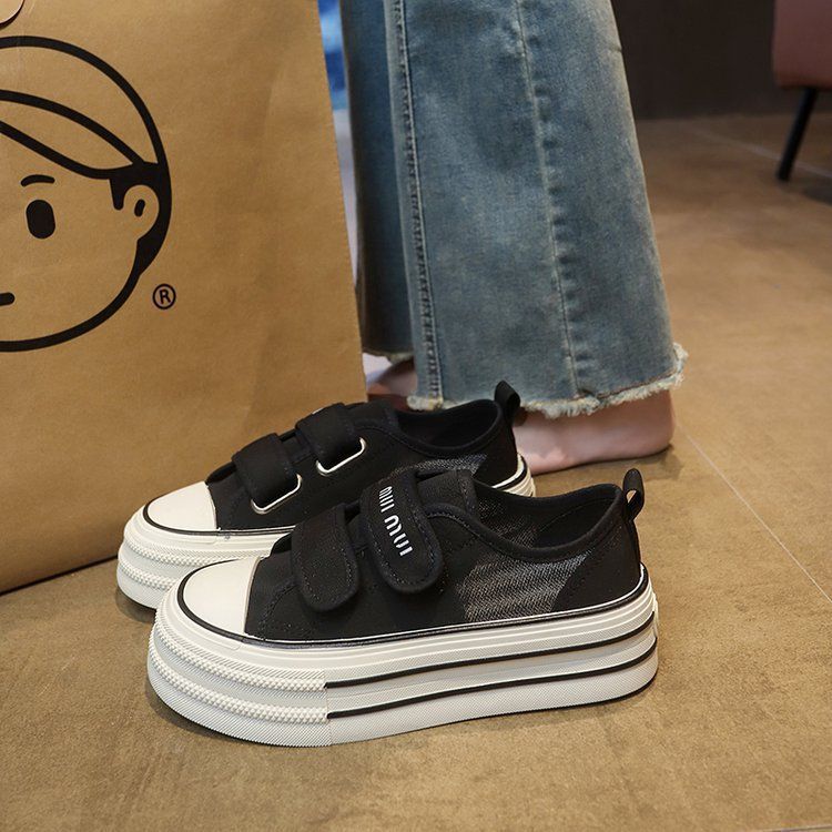 New Velcro canvas shoes for women in summer 2025, solid color thick-soled white white sneakers, school-style running casual shoes