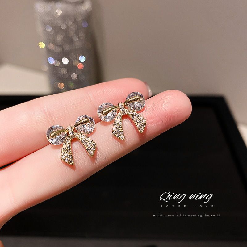 M1189 Gold Plated Fashion Style Delicate Design Full Crystal Bow Cute Small Stud Earrings