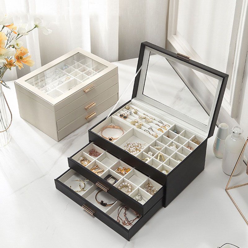 sp01223 Large Jewelry Case PU Leather Three-Layer Necklace Earrings Simple Desktop Storage Jewelry Box with Clear Window