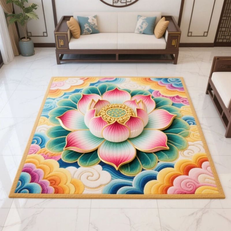 Large size 100*100cm，80*80cm,60*60cm,40*40cm 3D Lotus Carpet，Chinese square crystal velvet carpet CRRSHOP Anti slip, absorbent, quick drying, easy to clean 