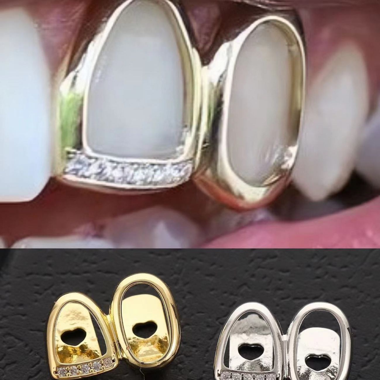 Zircon micro-inlay teeth grillz hip-hop double teeth gold-plated teeth hip-hop teeth grillz tooth grillz Braces gold teeth silver teeth