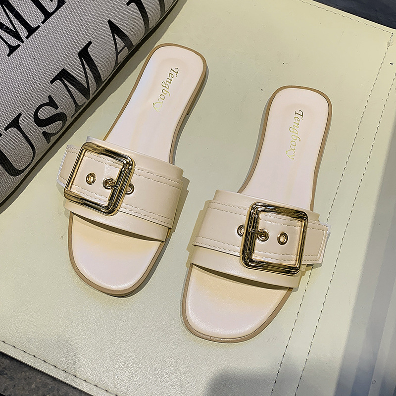 women's leather slippers square buckle design flat sandals elegant girls single shoes